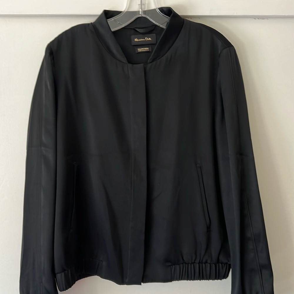 Satin black bomber jacket covered snap front